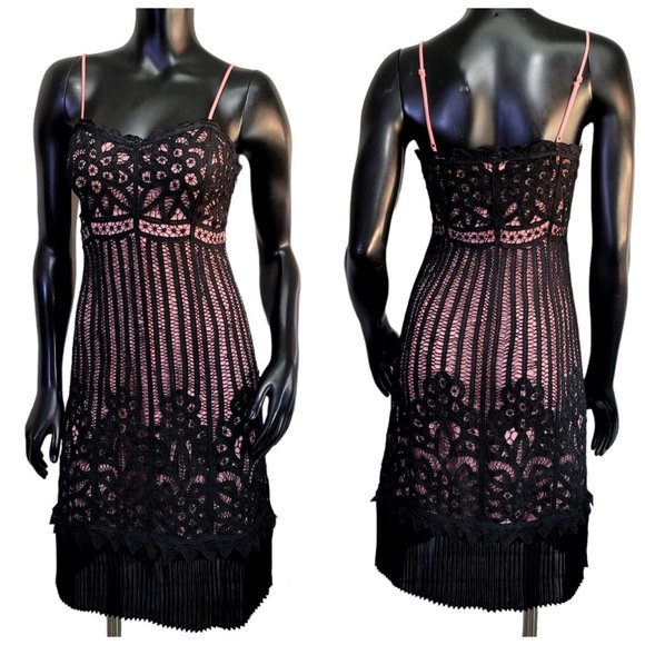 Vintage 90s Y2K Betsey Johnson‎ Lace Crochet Overlay Cocktail Dress LBD Midi - Picture 1 of 15